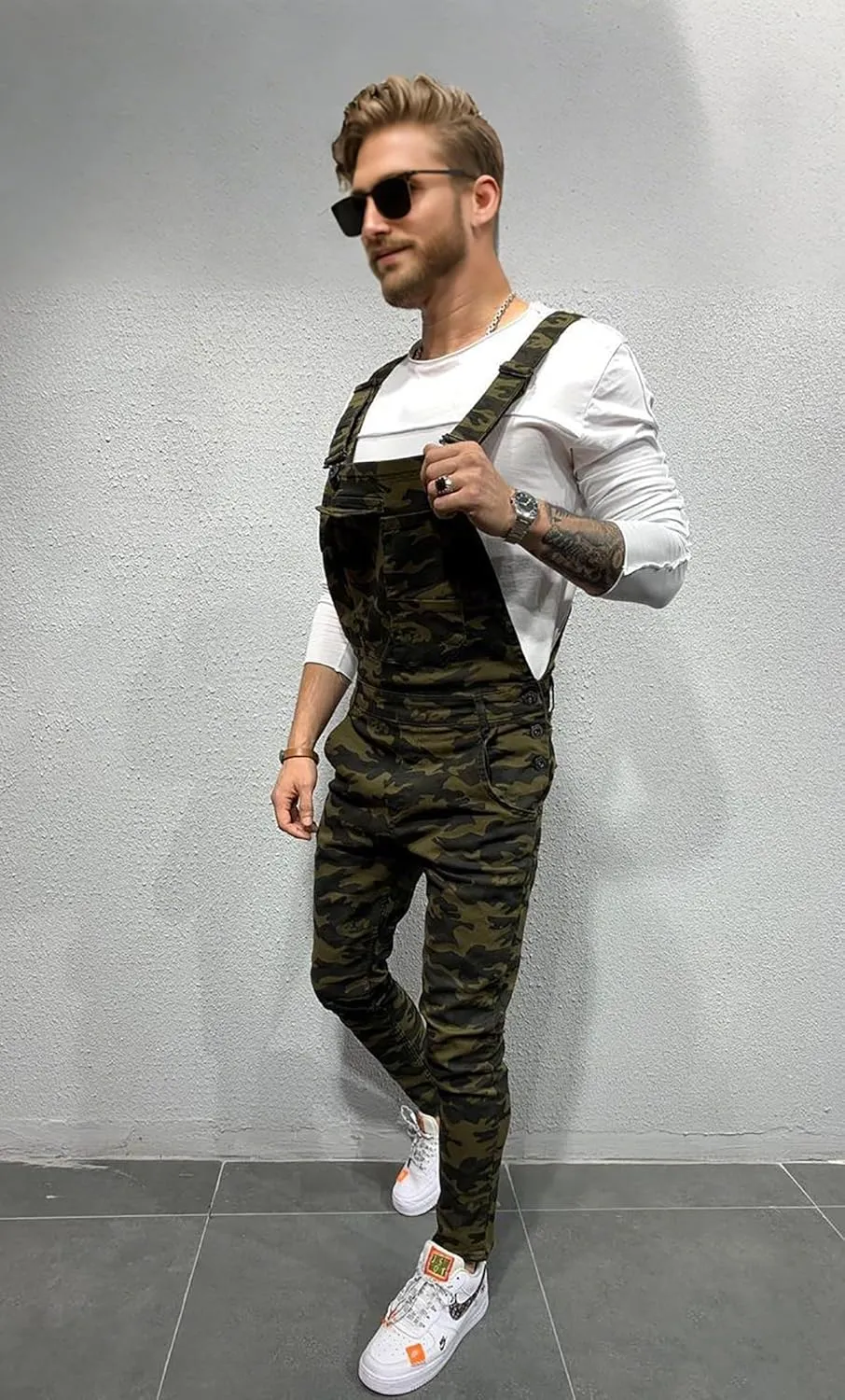 LONGBIDA Men's Denim Bib Overalls Fashion Slim Fit Jumpsuit with Pockets