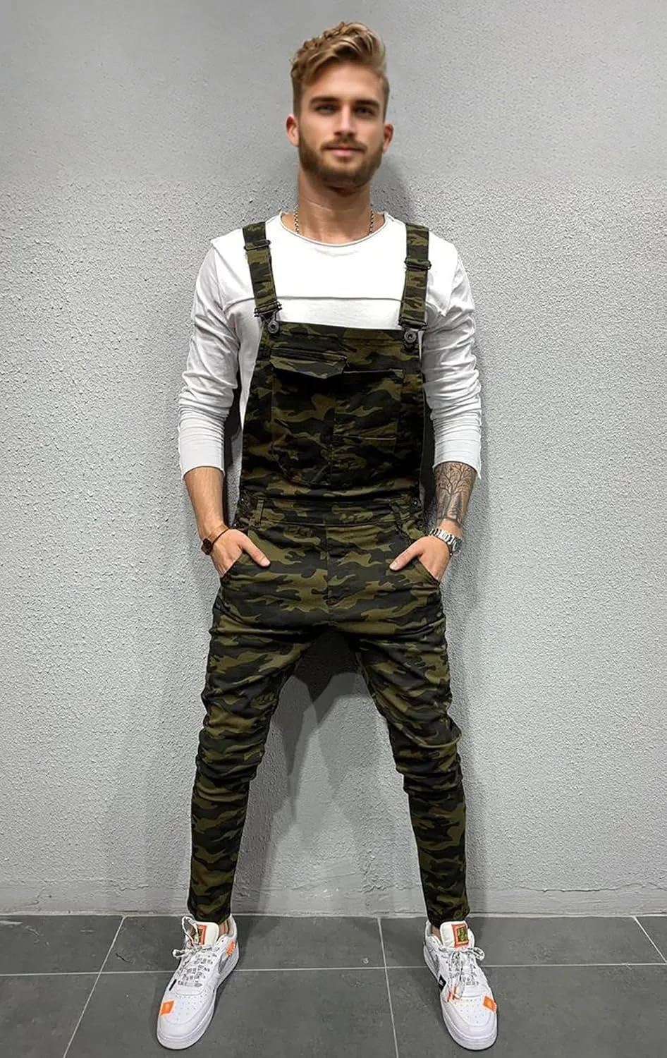 LONGBIDA Men's Denim Bib Overalls Fashion Slim Fit Jumpsuit with Pockets