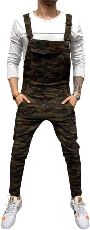 LONGBIDA Men's Denim Bib Overalls Fashion Slim Fit Jumpsuit with Pockets