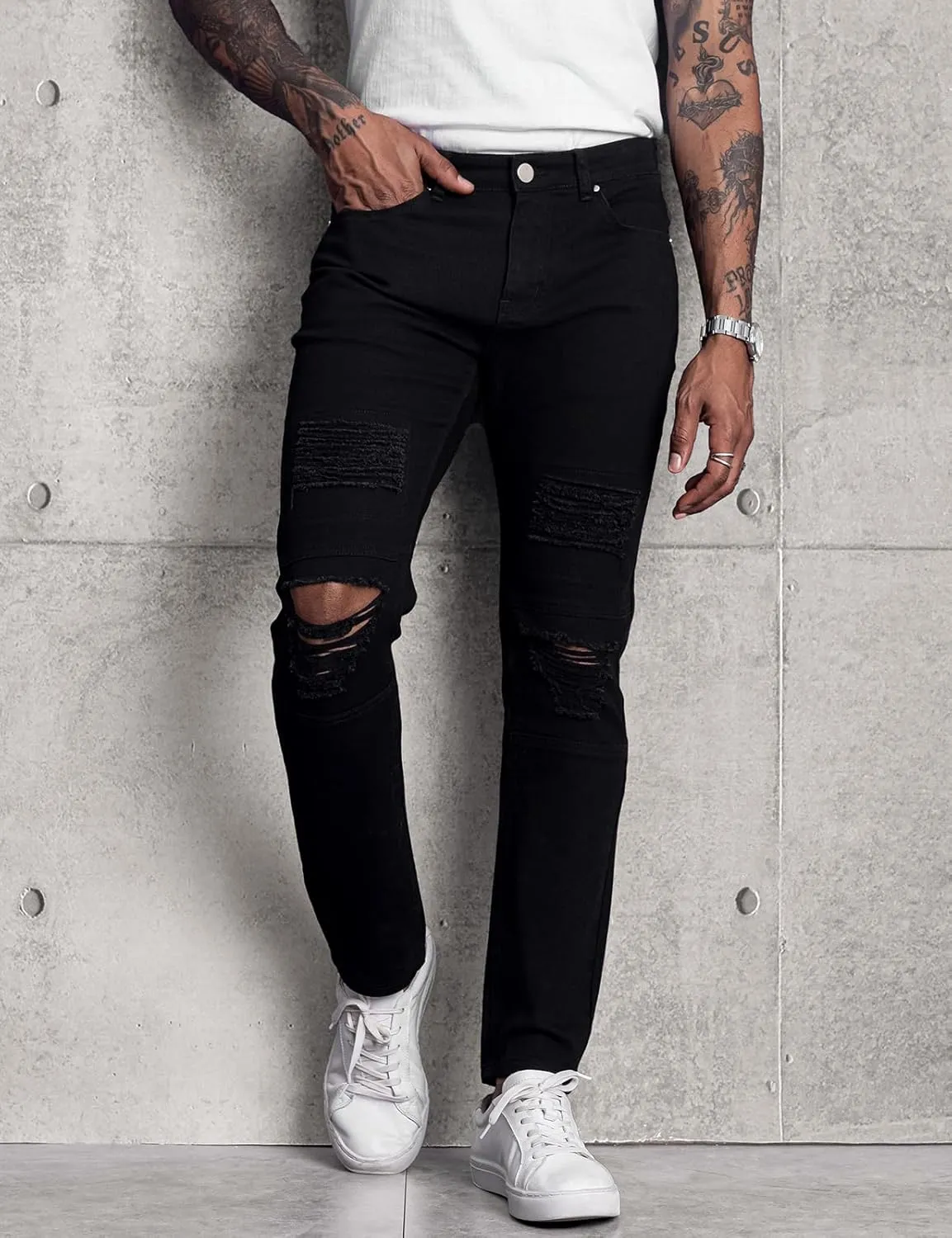LONGBIDA Men's Slim Fit Ripped Stretch Skinny Jeans for Men, Distressed Tapered Leg Fashion Pants