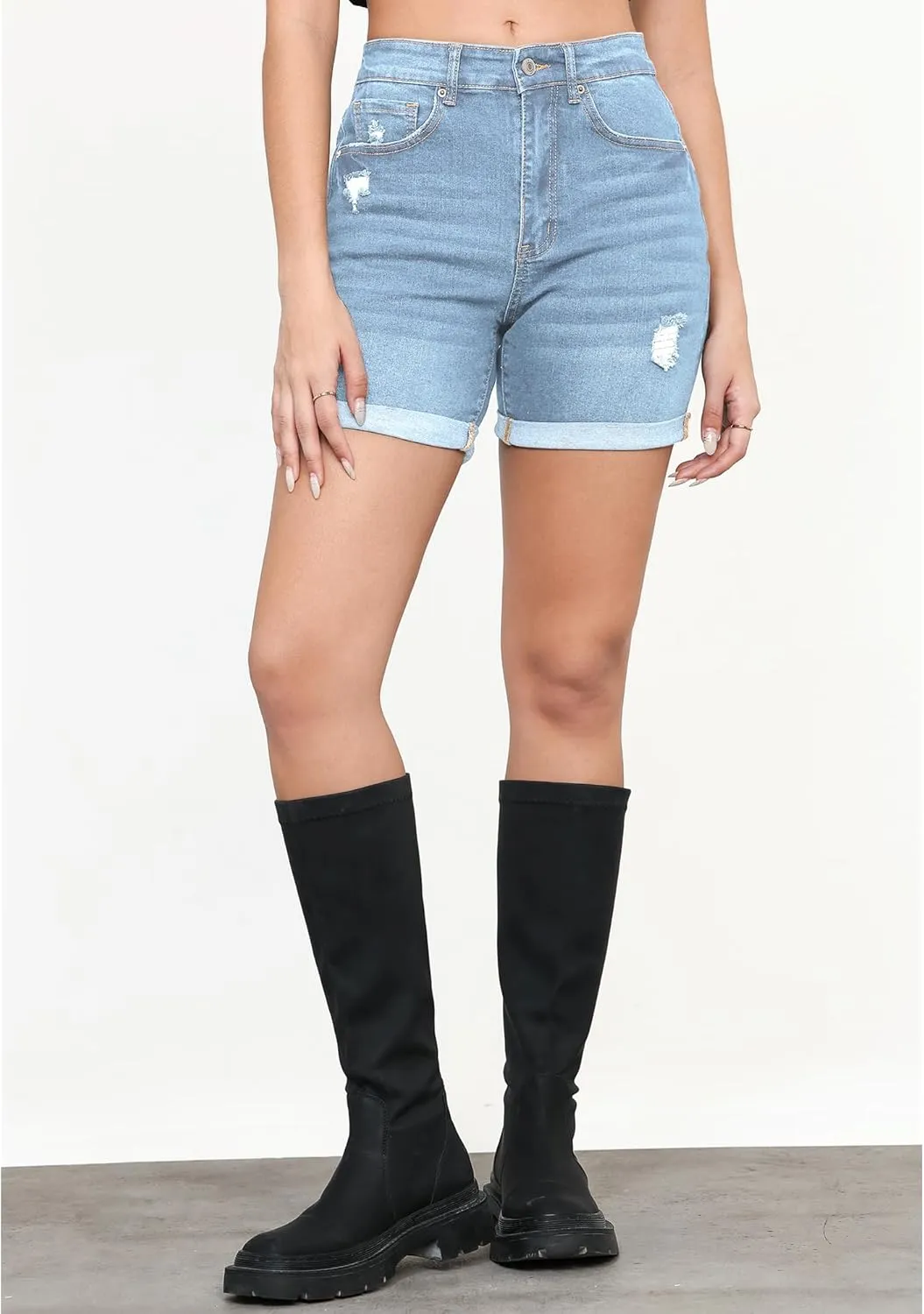 LookbookStore Jean Shorts Womens Stretchy High Waisted Ripped Denim Shorts with Pockets Trendy Distressed Cut Off Shorts