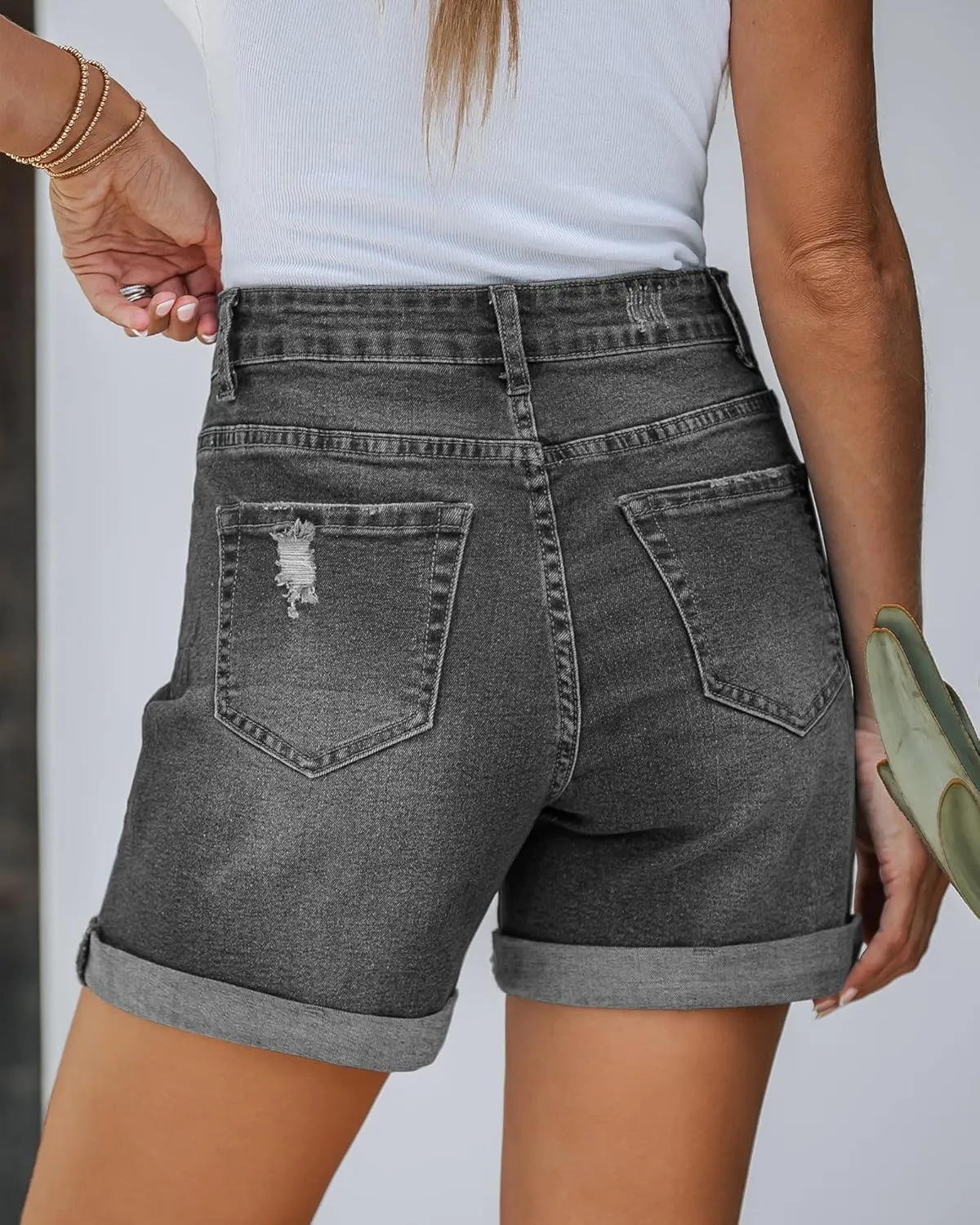 LookbookStore Jean Shorts Womens Stretchy High Waisted Ripped Denim Shorts with Pockets Trendy Distressed Cut Off Shorts