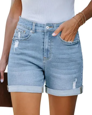 LookbookStore Jean Shorts Womens Stretchy High Waisted Ripped Denim Shorts with Pockets Trendy Distressed Cut Off Shorts