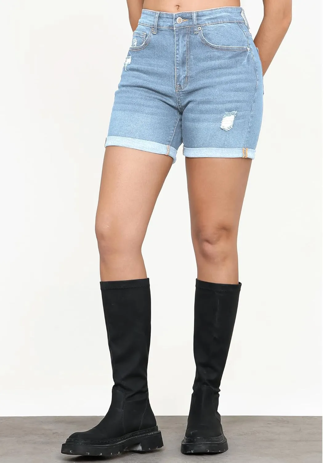 LookbookStore Jean Shorts Womens Stretchy High Waisted Ripped Denim Shorts with Pockets Trendy Distressed Cut Off Shorts