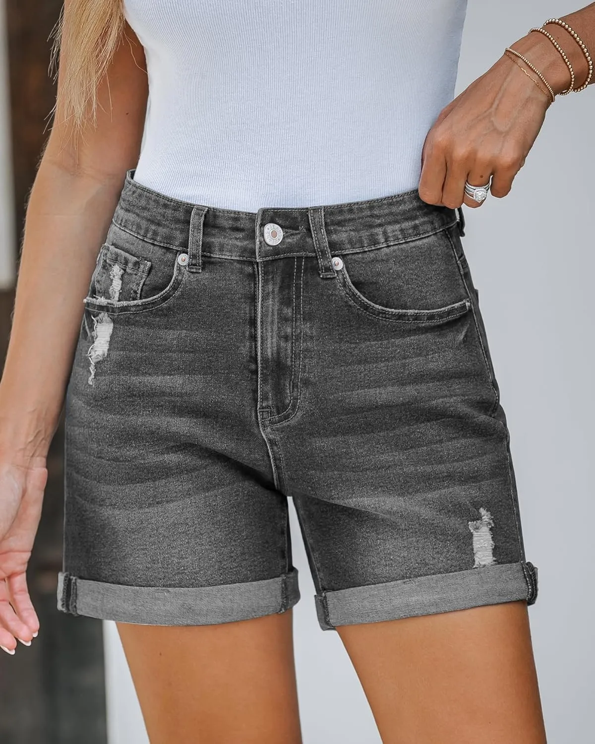 LookbookStore Jean Shorts Womens Stretchy High Waisted Ripped Denim Shorts with Pockets Trendy Distressed Cut Off Shorts