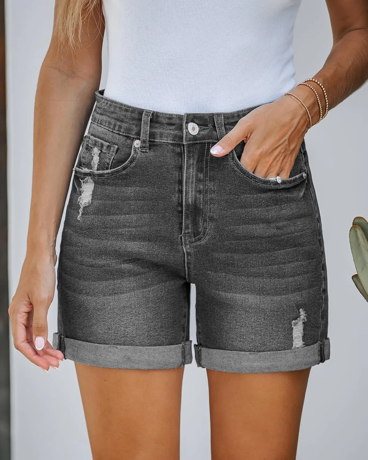 LookbookStore Jean Shorts Womens Stretchy High Waisted Ripped Denim Shorts with Pockets Trendy Distressed Cut Off Shorts