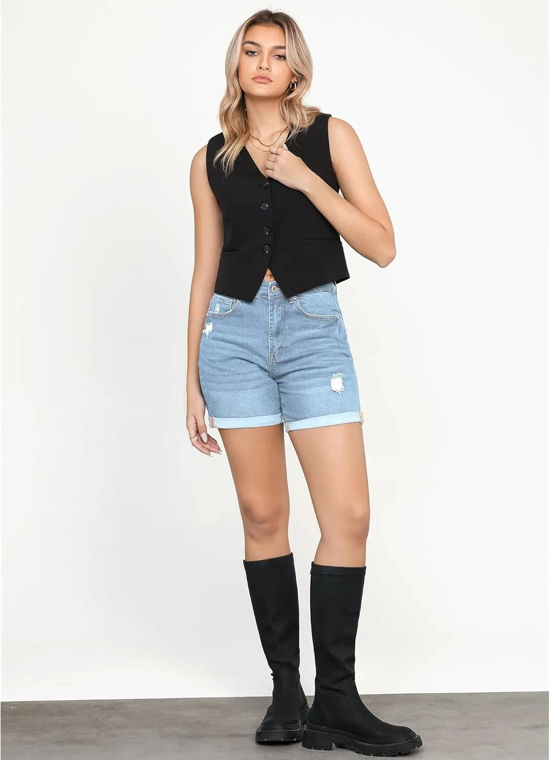 LookbookStore Jean Shorts Womens Stretchy High Waisted Ripped Denim Shorts with Pockets Trendy Distressed Cut Off Shorts