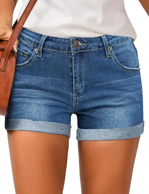 LookbookStore Women's High Waisted Rolled Hem Distressed Jeans Ripped Denim Shorts