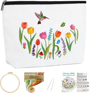 Louise Maelys Embroidery Kit for Beginners,Canvas Makeup Bag,Cross Stitch Kits for Adults,Arts Crafts Needlepoint-Tulip Flower Pattern