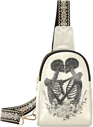 Lover Skull Stylish PU Leather Waist Pack Soft Waterproof Crossbody Bag with Metal Hardware Fits Keys Phone Passport for Work Walks Music Fests & Trips