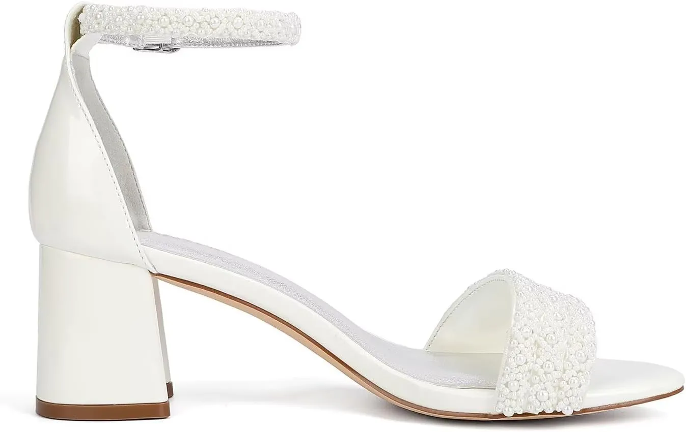 Low Block Heel Wedding Shoes for Bride Open Toe Bridal Shoes Wedding Heeled Sandals