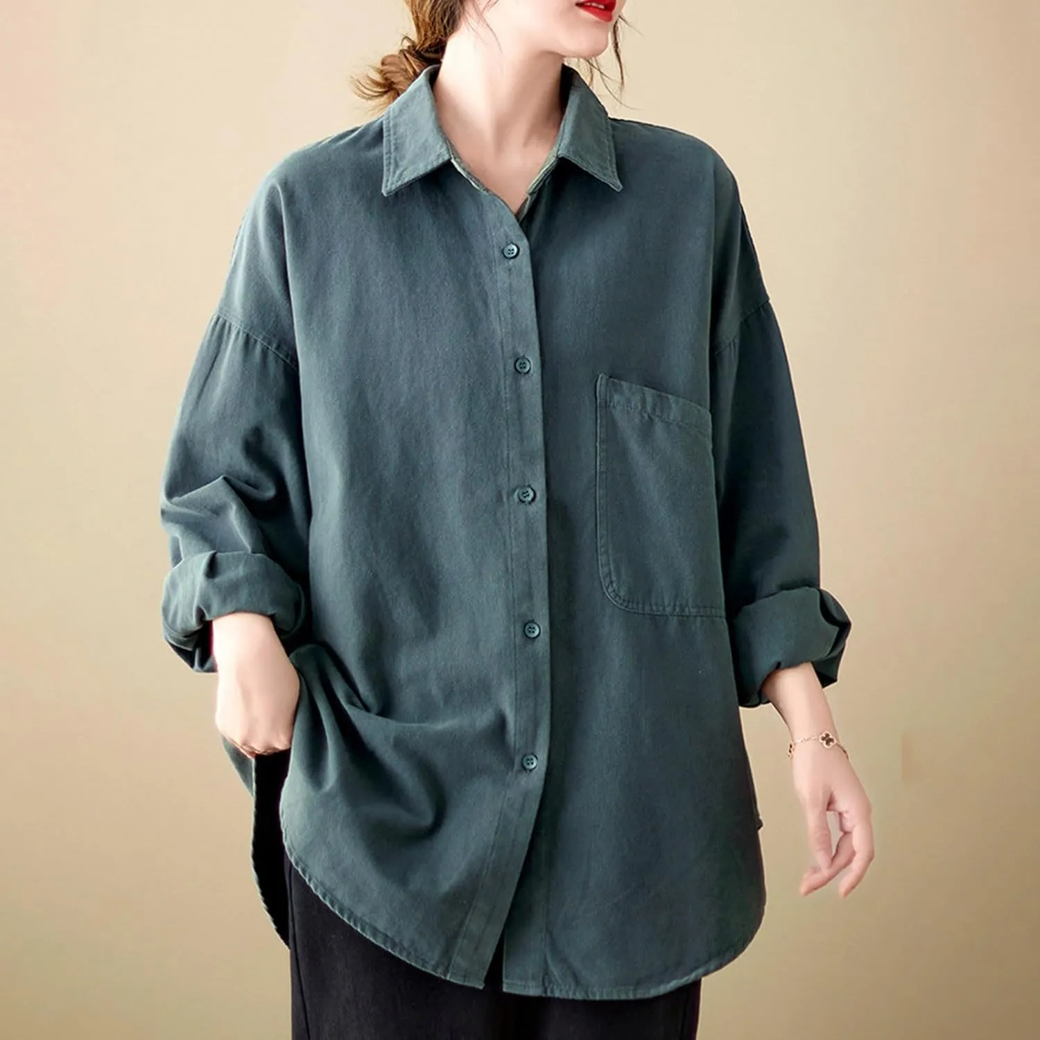 Lpmadey Womens Button Down Shirts Linen Dress Shirts Roll Up Sleeve Blouses V Neck Solid Casual Tunics Tops with Pockets