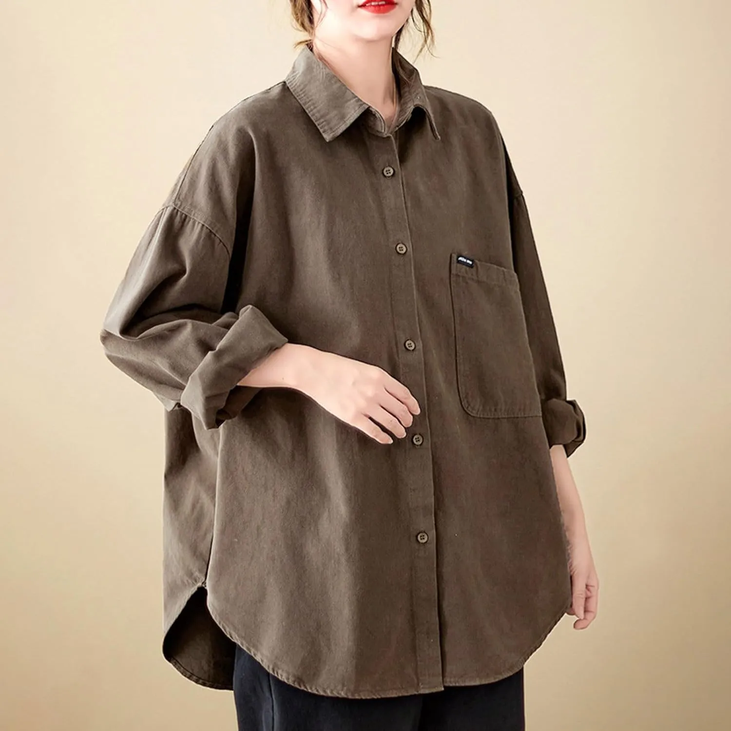Lpmadey Womens Button Down Shirts Linen Dress Shirts Roll Up Sleeve Blouses V Neck Solid Casual Tunics Tops with Pockets