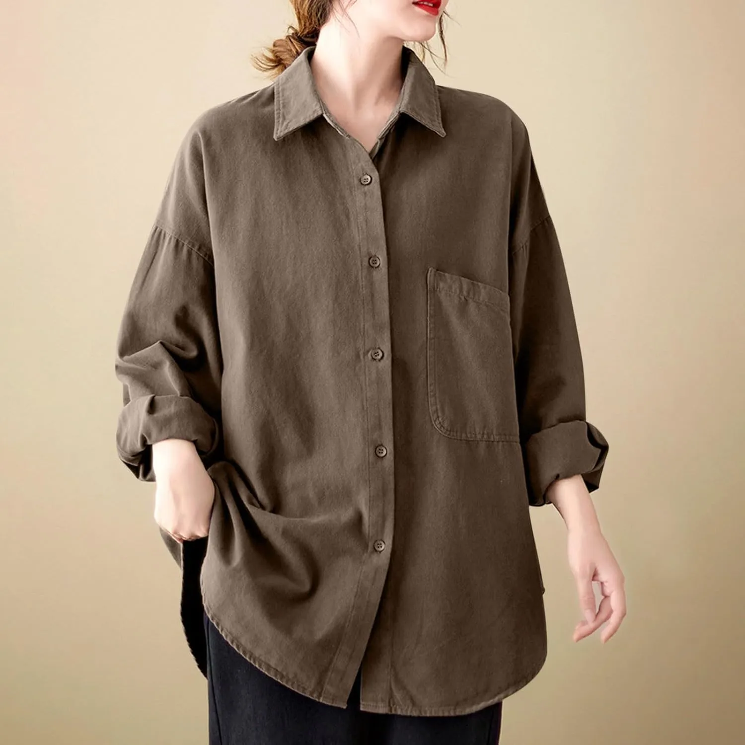Lpmadey Womens Button Down Shirts Linen Dress Shirts Roll Up Sleeve Blouses V Neck Solid Casual Tunics Tops with Pockets
