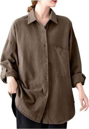 Lpmadey Womens Button Down Shirts Linen Dress Shirts Roll Up Sleeve Blouses V Neck Solid Casual Tunics Tops with Pockets