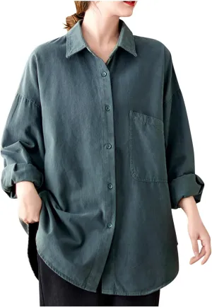 Lpmadey Womens Button Down Shirts Linen Dress Shirts Roll Up Sleeve Blouses V Neck Solid Casual Tunics Tops with Pockets
