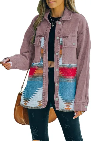 Lumister Women's Aztec Denim Jacket Distressed Lapel Long Sleeve Vintage Button Down Denim Jacket Shacket