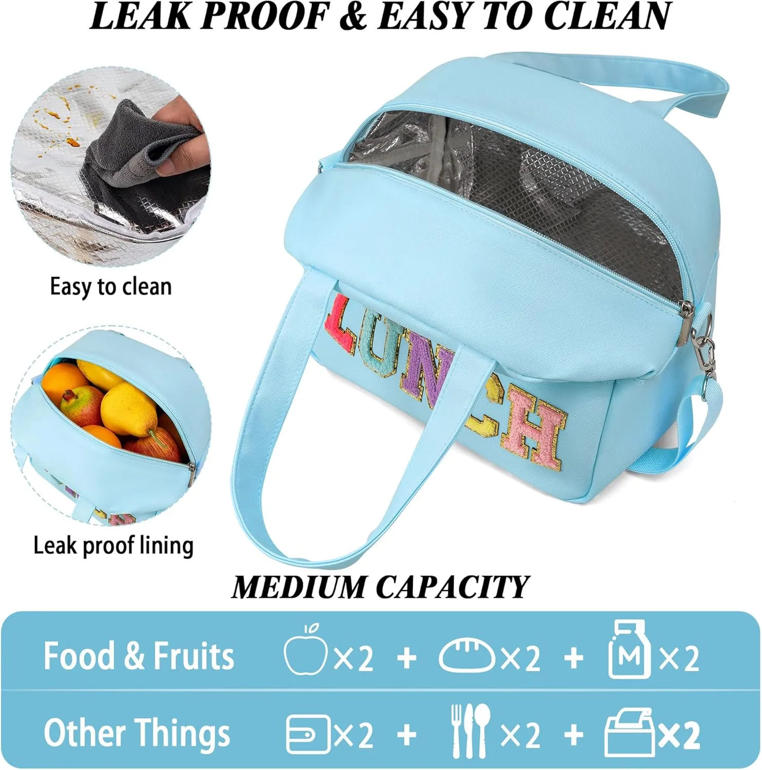 Lunch Bag for Women Personalized Insulated Lunch Box for Adults with Adjustable Shoulder Strap Cute Reusable Freezable Lunchbox Cooler Tote for Office Work Picnic Beach (Blue)