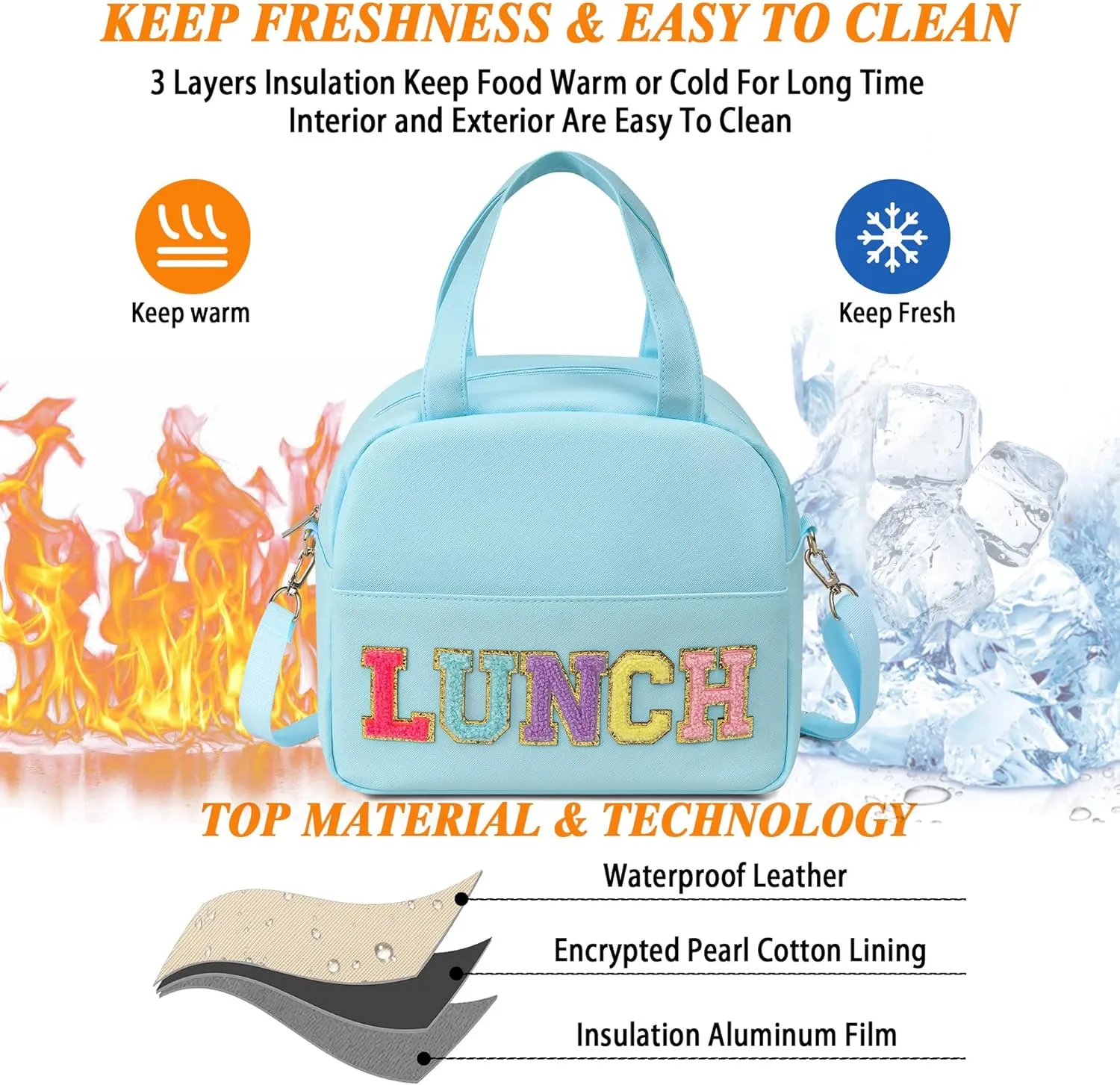 Lunch Bag for Women Personalized Insulated Lunch Box for Adults with Adjustable Shoulder Strap Cute Reusable Freezable Lunchbox Cooler Tote for Office Work Picnic Beach (Blue)