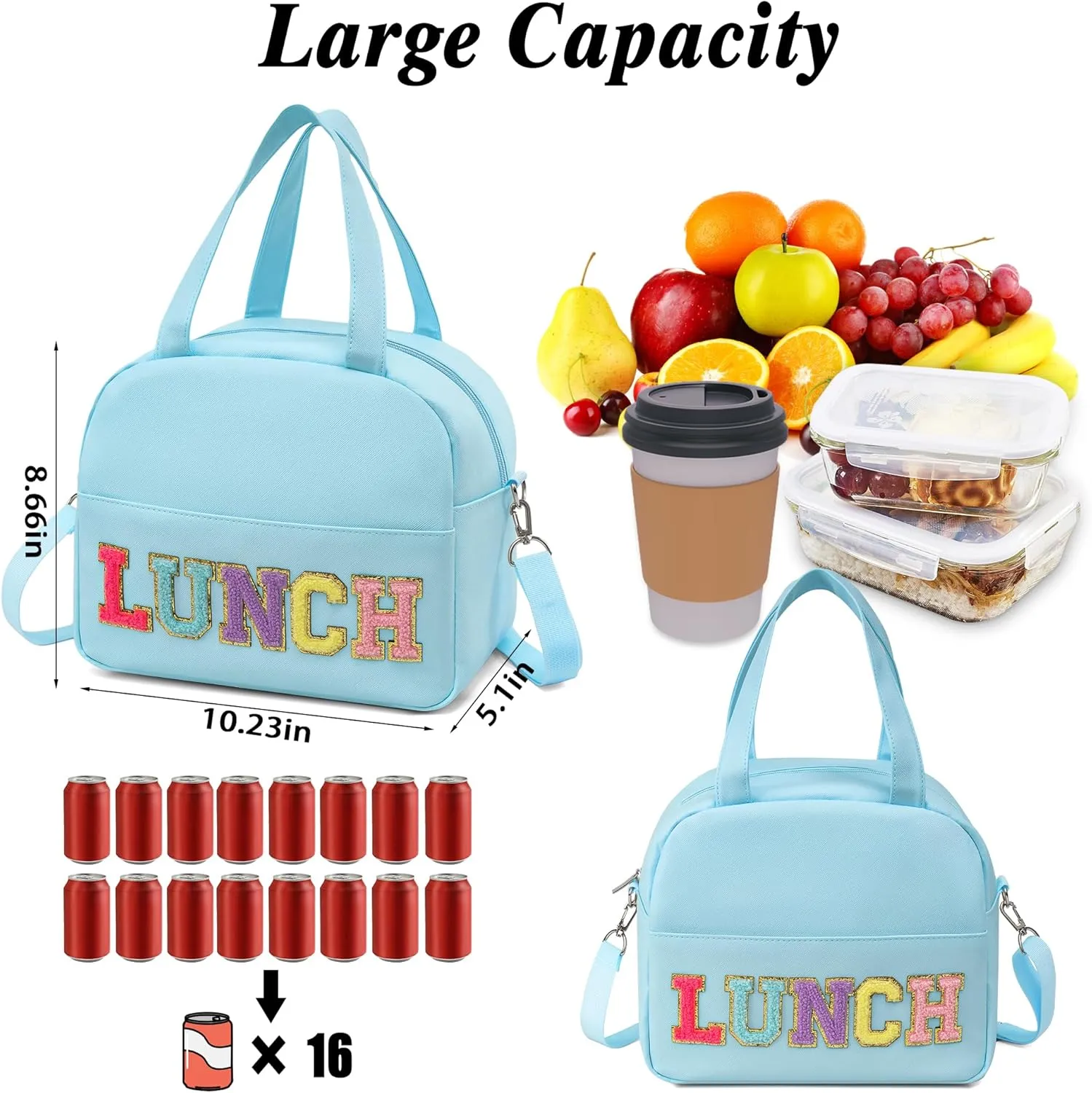 Lunch Bag for Women Personalized Insulated Lunch Box for Adults with Adjustable Shoulder Strap Cute Reusable Freezable Lunchbox Cooler Tote for Office Work Picnic Beach (Blue)