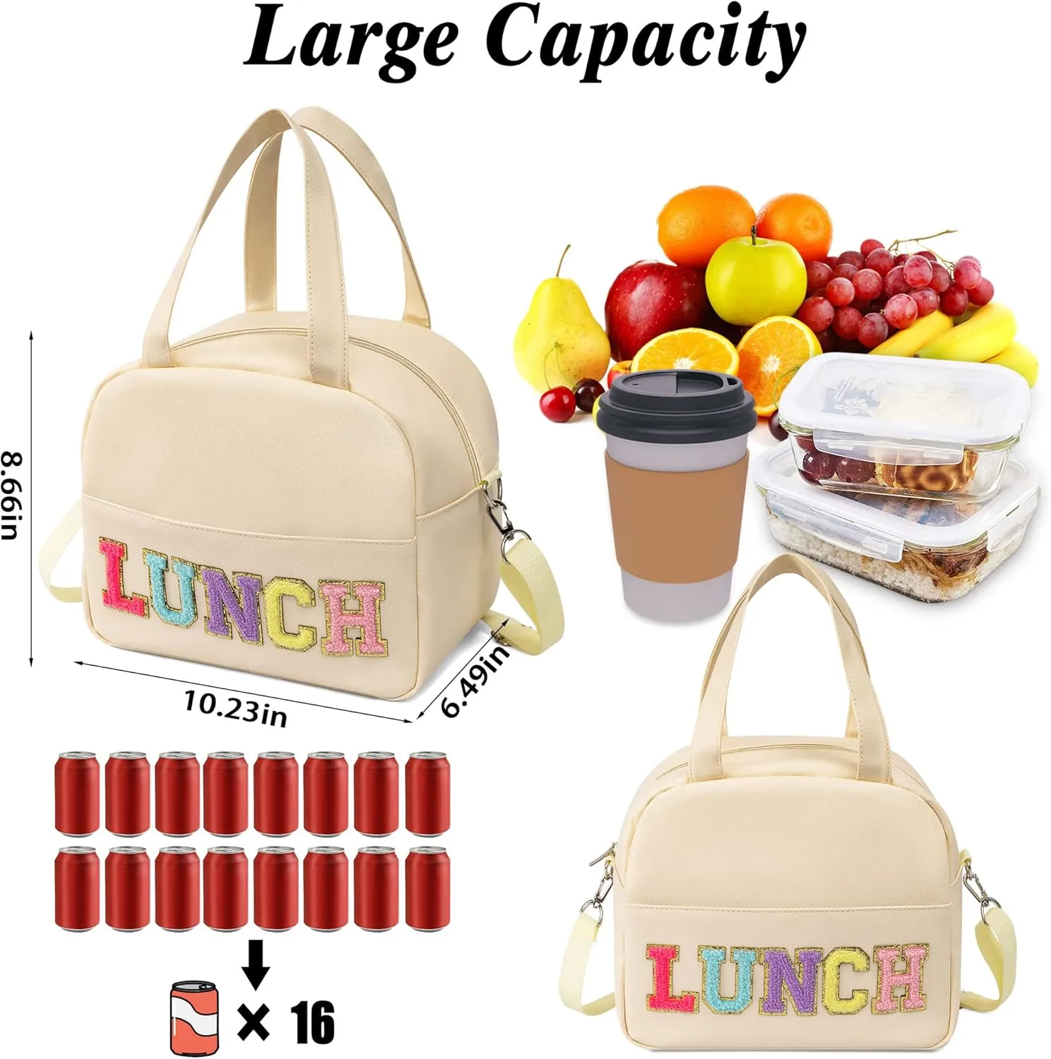 Lunch Bag for Women Personalized Insulated Lunch Box for Adults with Adjustable Shoulder Strap Reusable Freezable Lunchbox Cooler Tote for Office Work Picnic Beach (Beige)