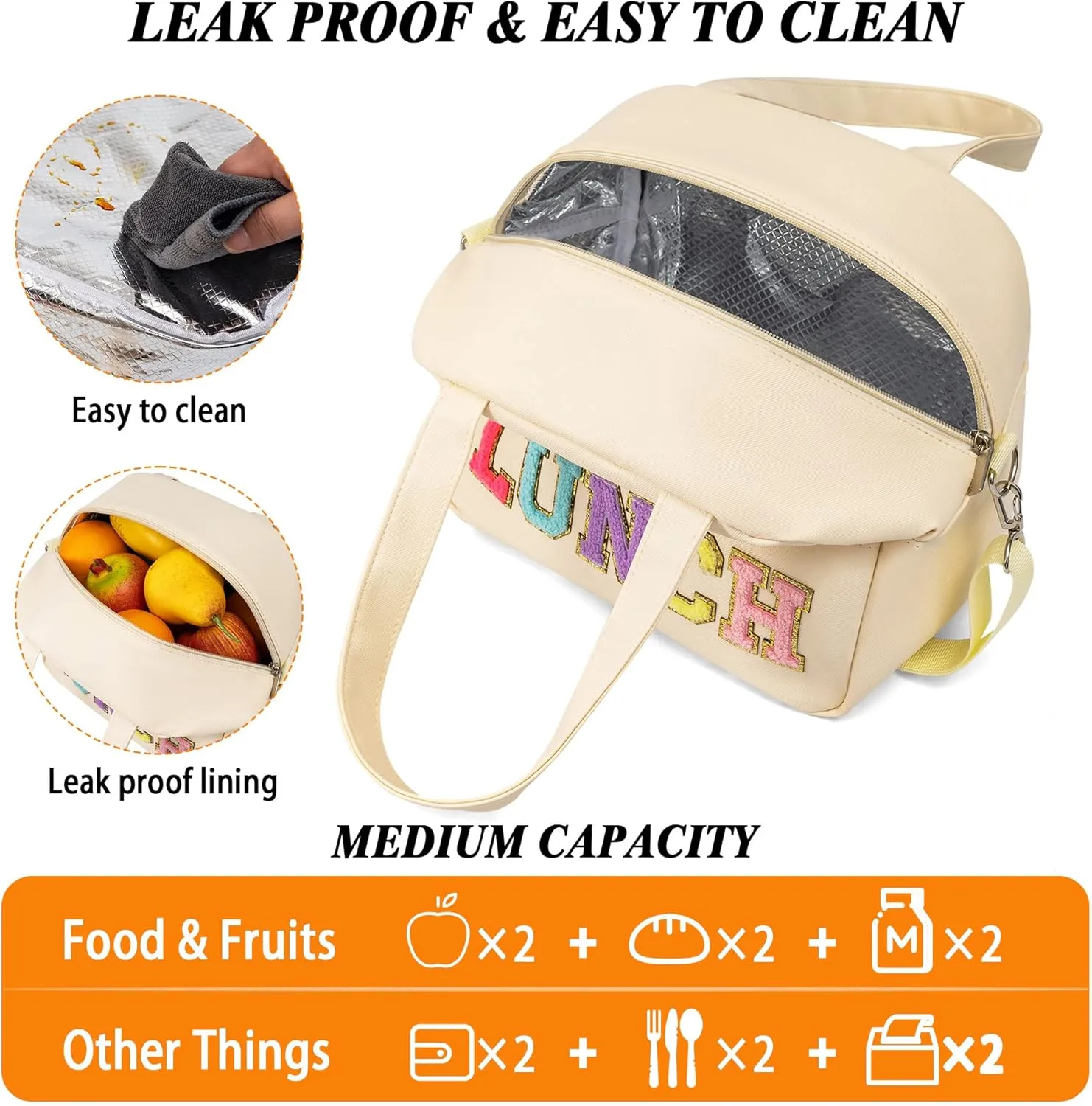Lunch Bag for Women Personalized Insulated Lunch Box for Adults with Adjustable Shoulder Strap Reusable Freezable Lunchbox Cooler Tote for Office Work Picnic Beach (Beige)