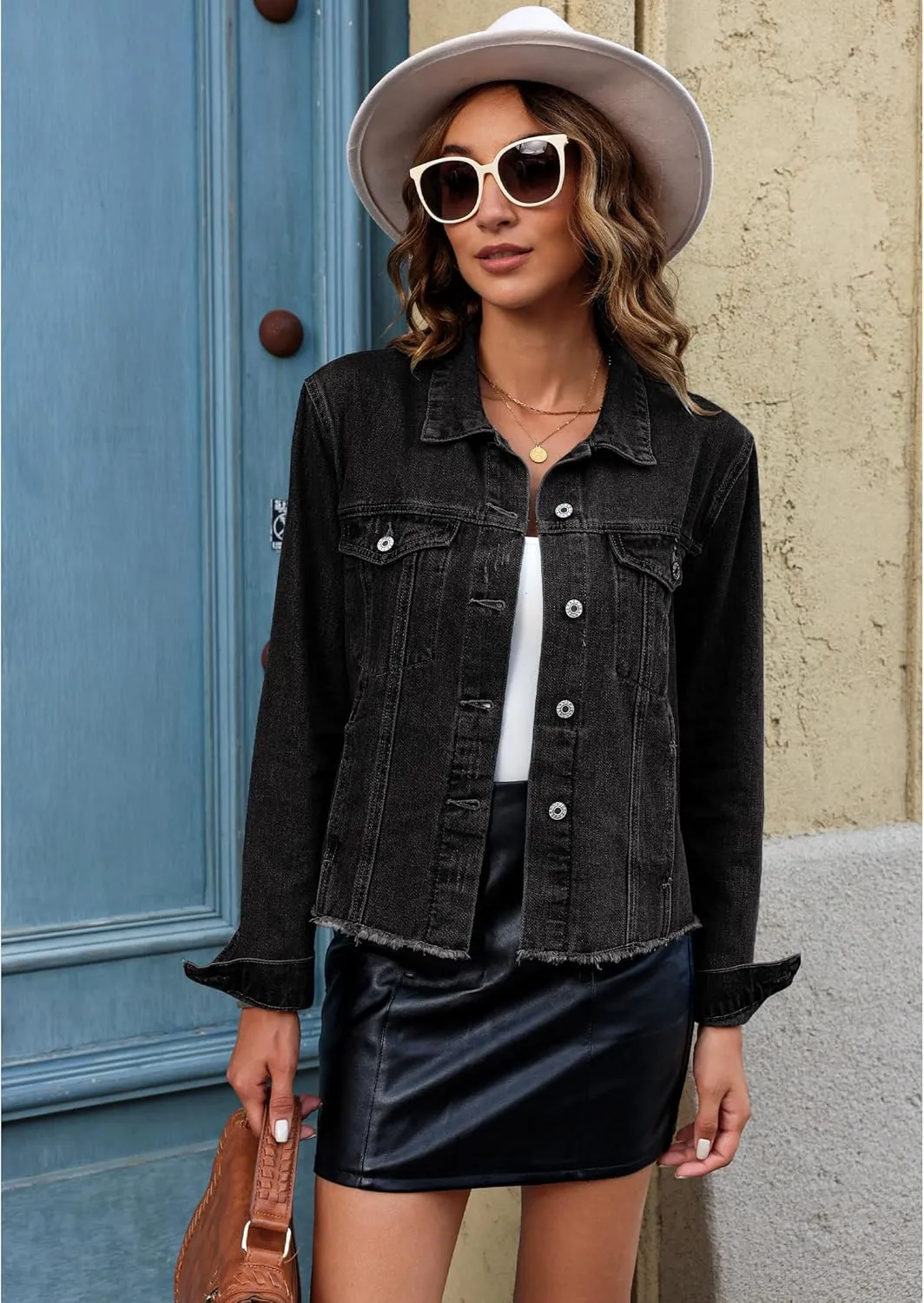 luvamia Denim Jacket for Women Distressed Jean Jackets Button Up Vintage Western Trucker Jacket Frayed Hem Pockets