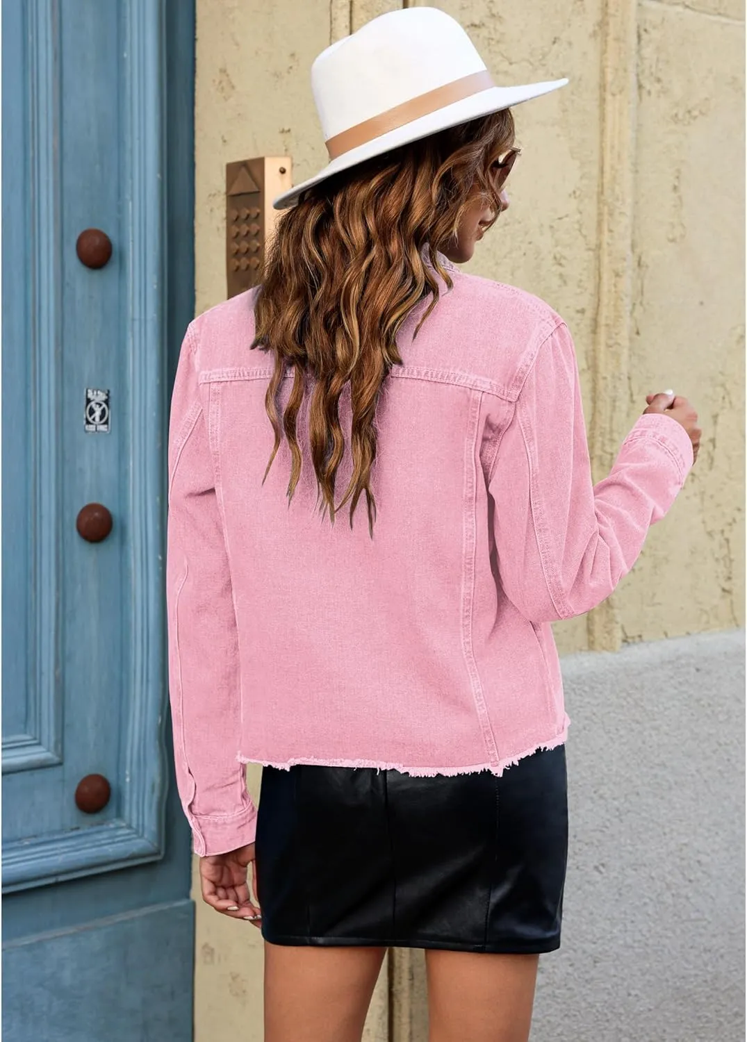 luvamia Denim Jacket for Women Distressed Jean Jackets Button Up Vintage Western Trucker Jacket Frayed Hem Pockets