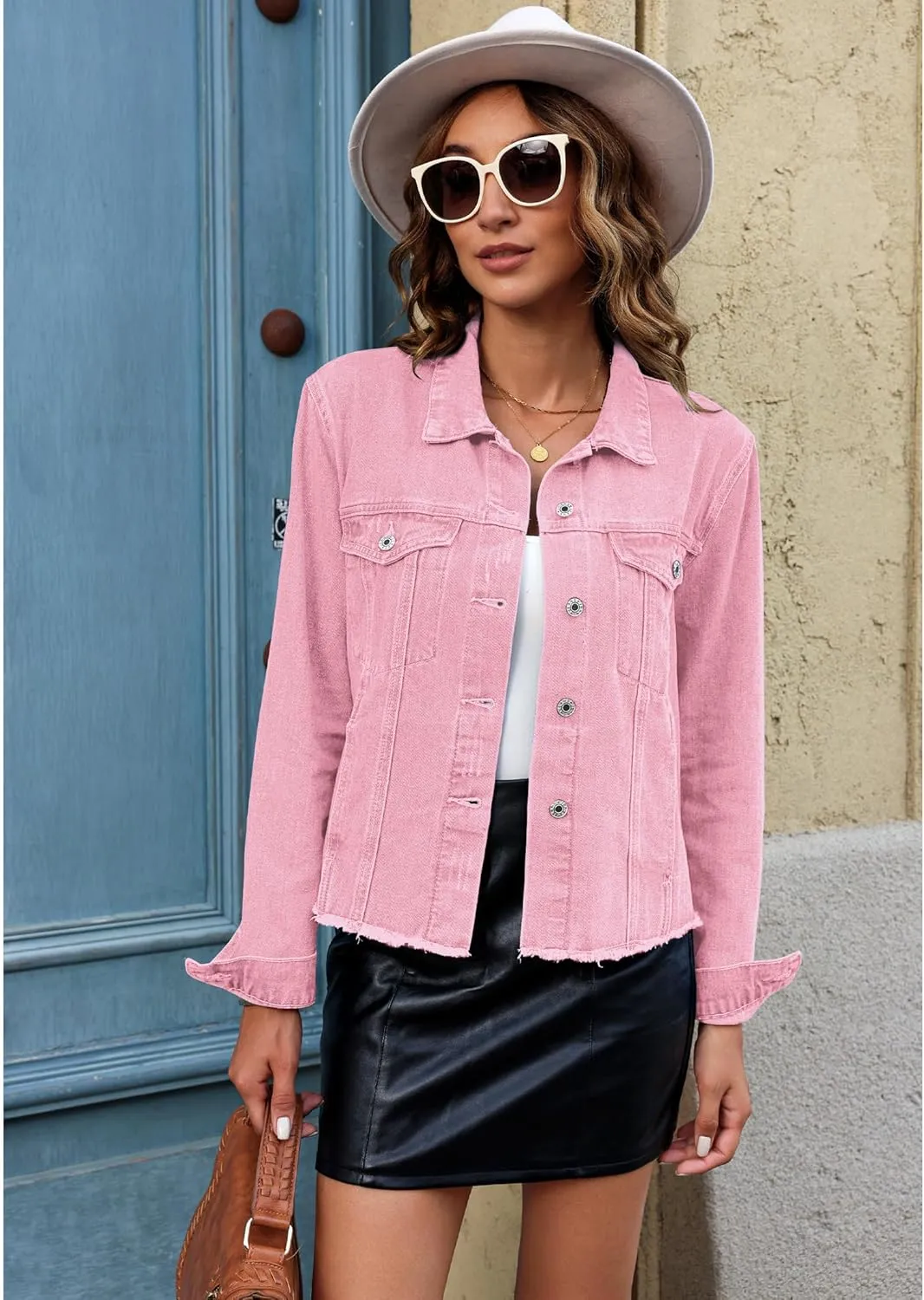 luvamia Denim Jacket for Women Distressed Jean Jackets Button Up Vintage Western Trucker Jacket Frayed Hem Pockets