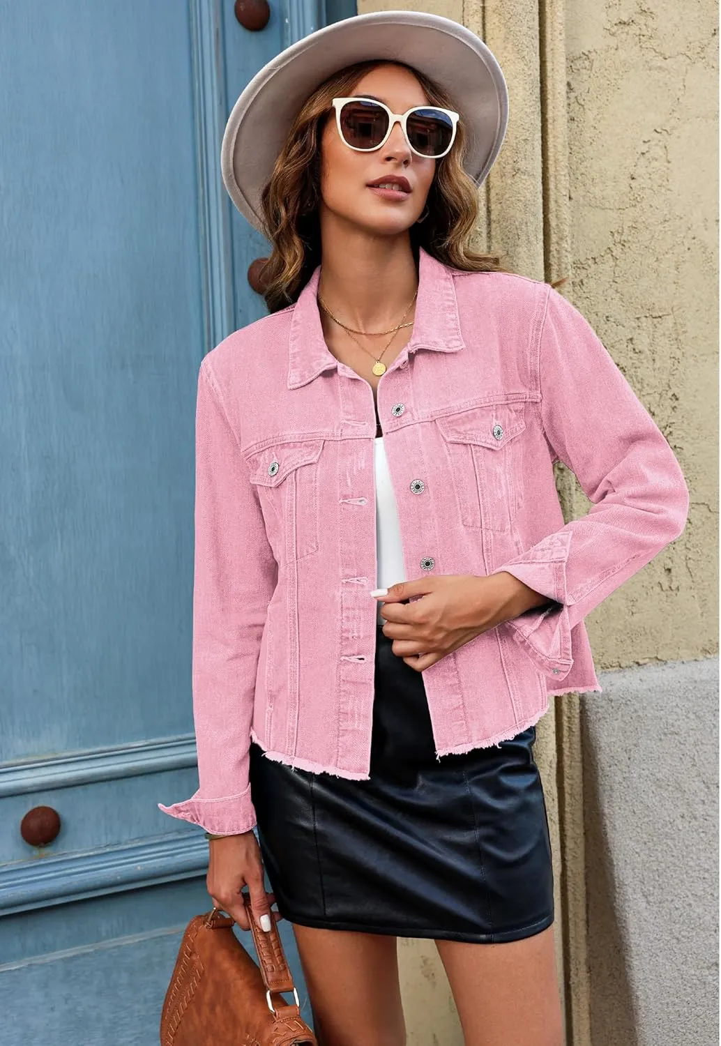 luvamia Denim Jacket for Women Distressed Jean Jackets Button Up Vintage Western Trucker Jacket Frayed Hem Pockets