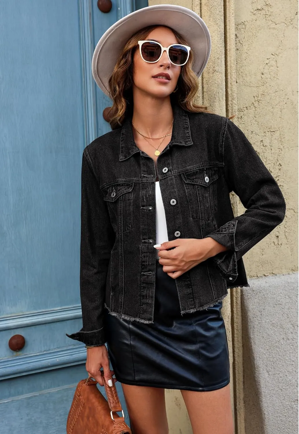 luvamia Denim Jacket for Women Distressed Jean Jackets Button Up Vintage Western Trucker Jacket Frayed Hem Pockets