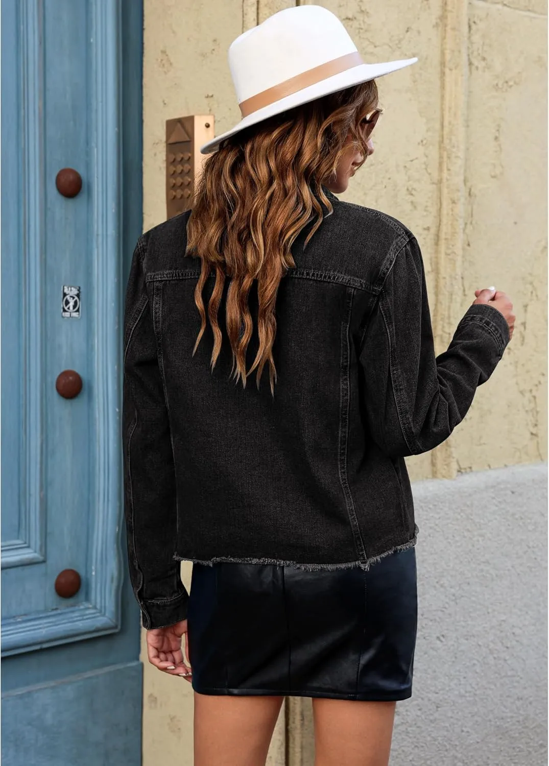 luvamia Denim Jacket for Women Distressed Jean Jackets Button Up Vintage Western Trucker Jacket Frayed Hem Pockets