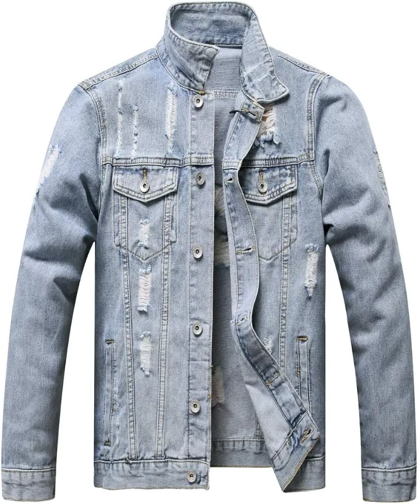 LZLER Men's Denim Jackets Distressed Destroyed Classic Vintage Slim Fit Ripped 2024 Fashion Trendy Trucker Jean Jackets