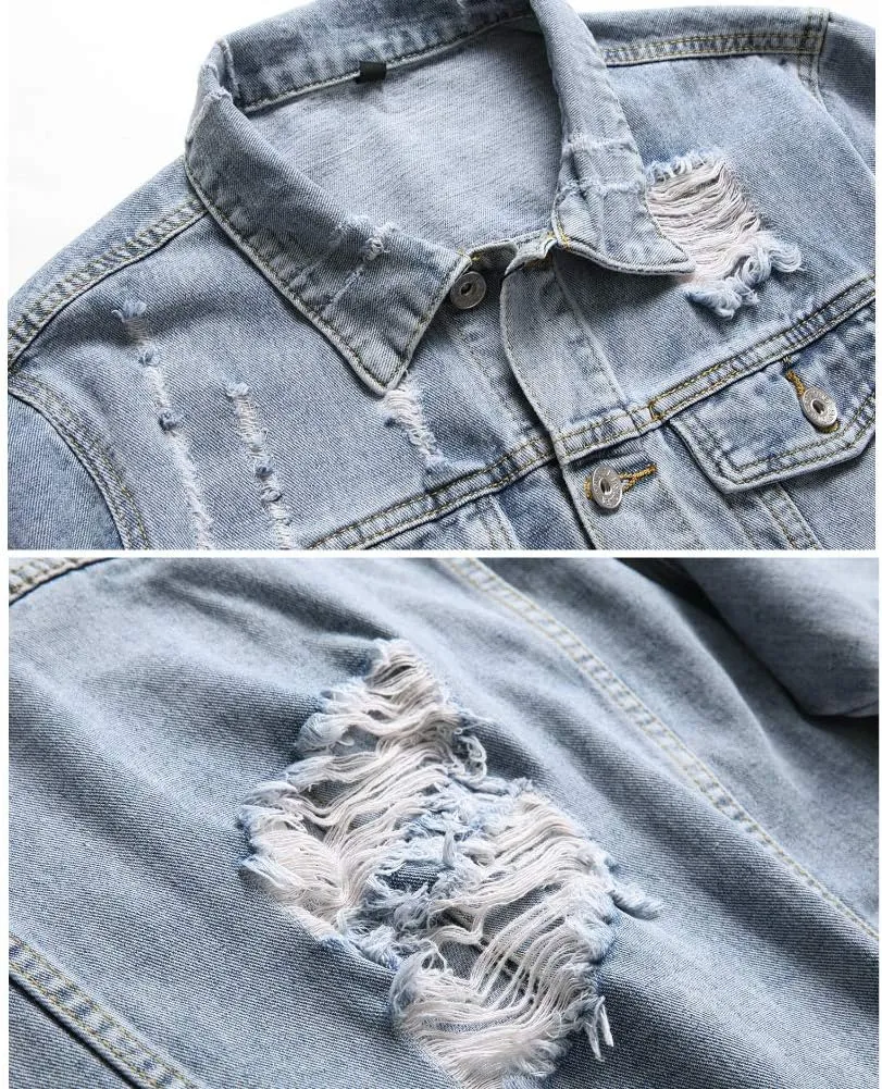LZLER Men's Denim Jackets Distressed Destroyed Classic Vintage Slim Fit Ripped 2024 Fashion Trendy Trucker Jean Jackets