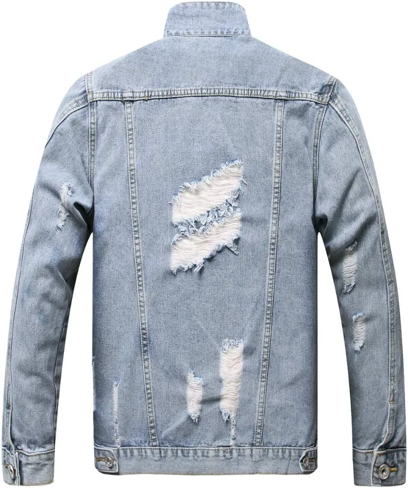 LZLER Men's Denim Jackets Distressed Destroyed Classic Vintage Slim Fit Ripped 2024 Fashion Trendy Trucker Jean Jackets