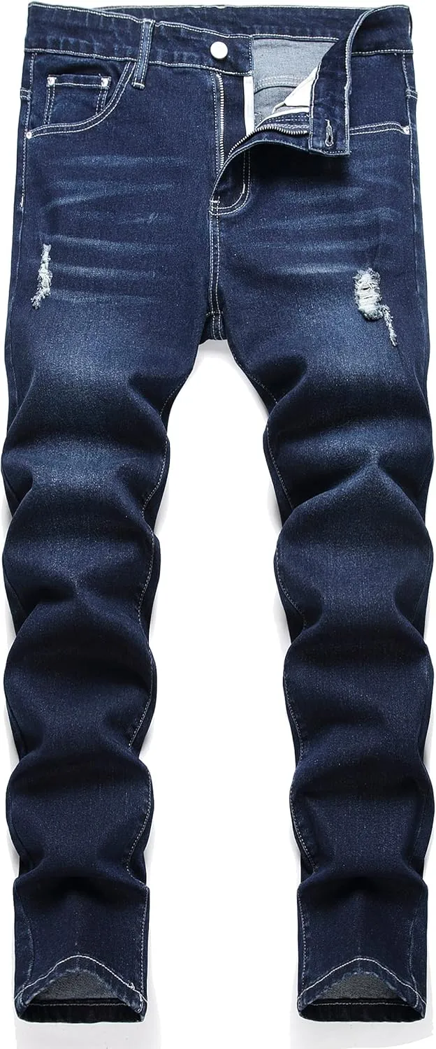 LZLER Mens Ripped Jeans,Distressed Destroyed Slim Fit Straight Leg Denim Pant with Holes