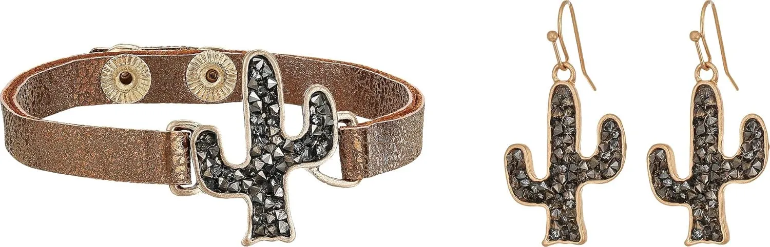M&F Western Women's Crystal Cactus Bracelet/Earrings Set