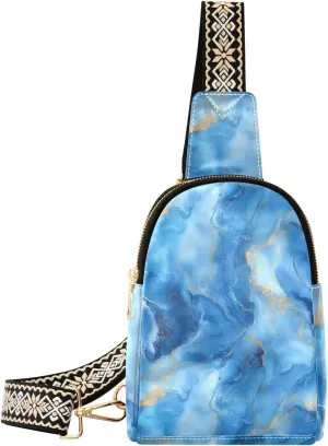 Marble Blue Stylish PU Leather Waist Pack Soft Waterproof Crossbody Bag with Metal Hardware Fits Keys Phone Passport for Work Walks Music Fests & Trips