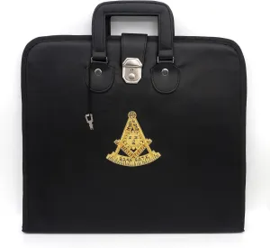 Masonic Hub Past Master Masonic Apron Carrying Case – Hand Embroidered Gold Bullion Emblem – Hard-Sided Faux Leather Case with Handle & Lock – Black Apron & Chain Collar Carrying Case