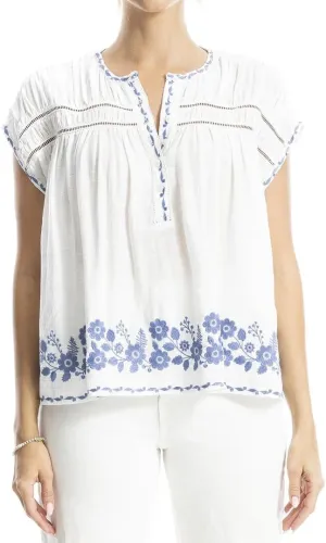 Max Studio Embroidered Cap Sleeve Notch Neck Top
