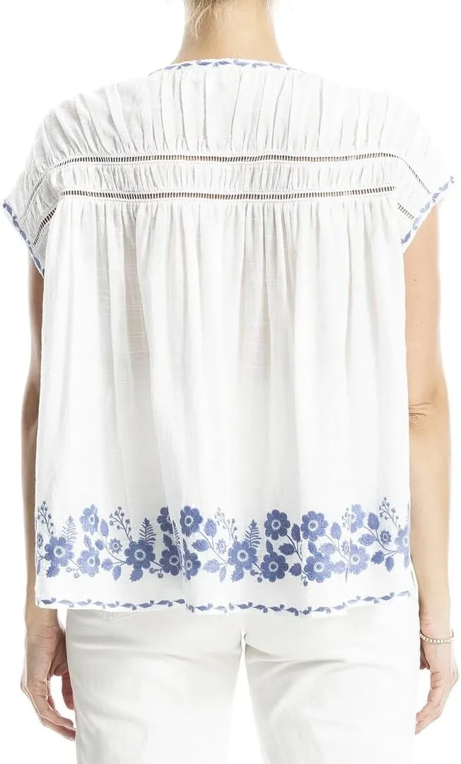 Max Studio Embroidered Cap Sleeve Notch Neck Top