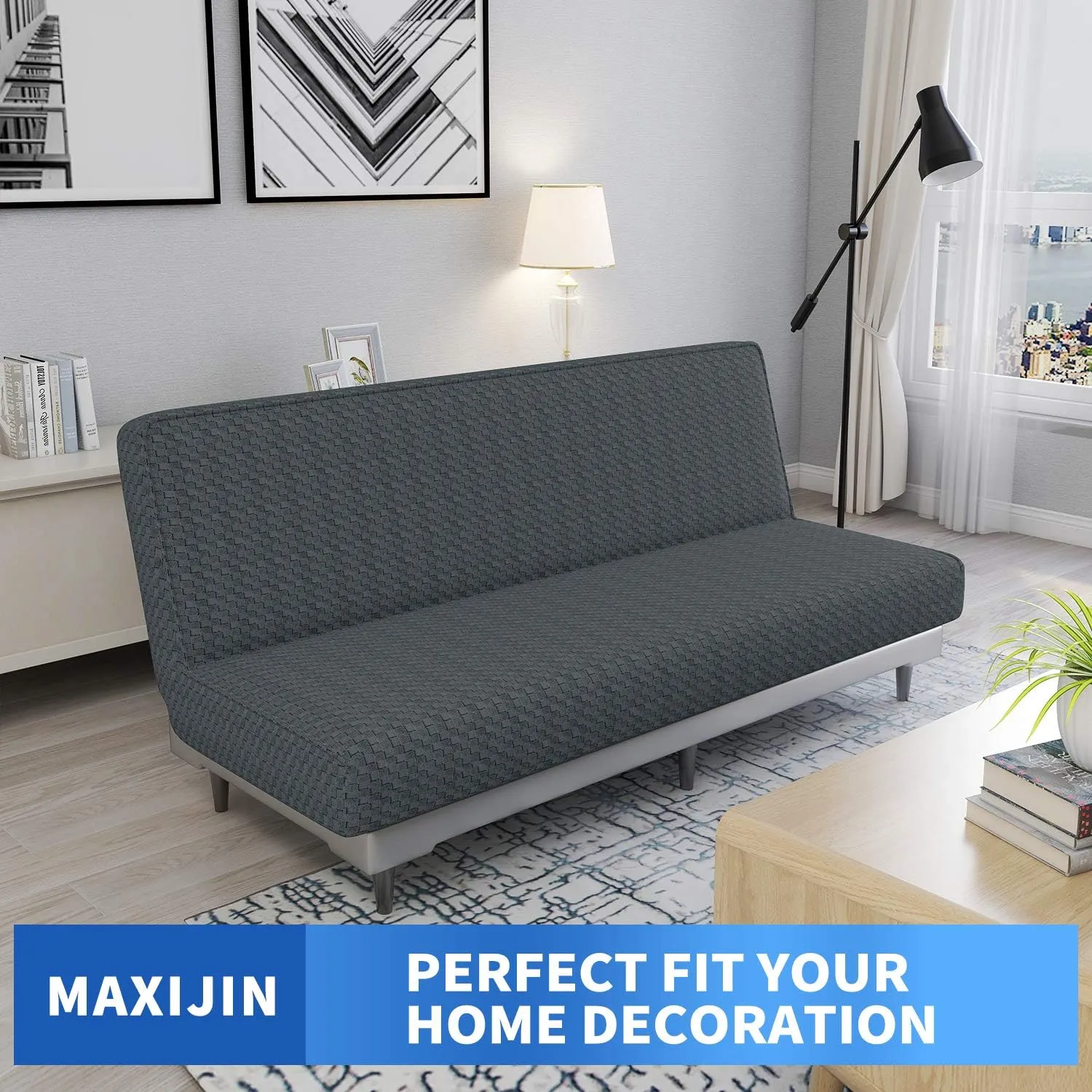 MAXIJIN Jacquard Futon Cover Stretch Armless Futon Sofa Cover Soft Futon Slipcover with Elastic Bottom Thick Sofa Bed Furniture Protector Covers, Machine Washable (Dark Gray)