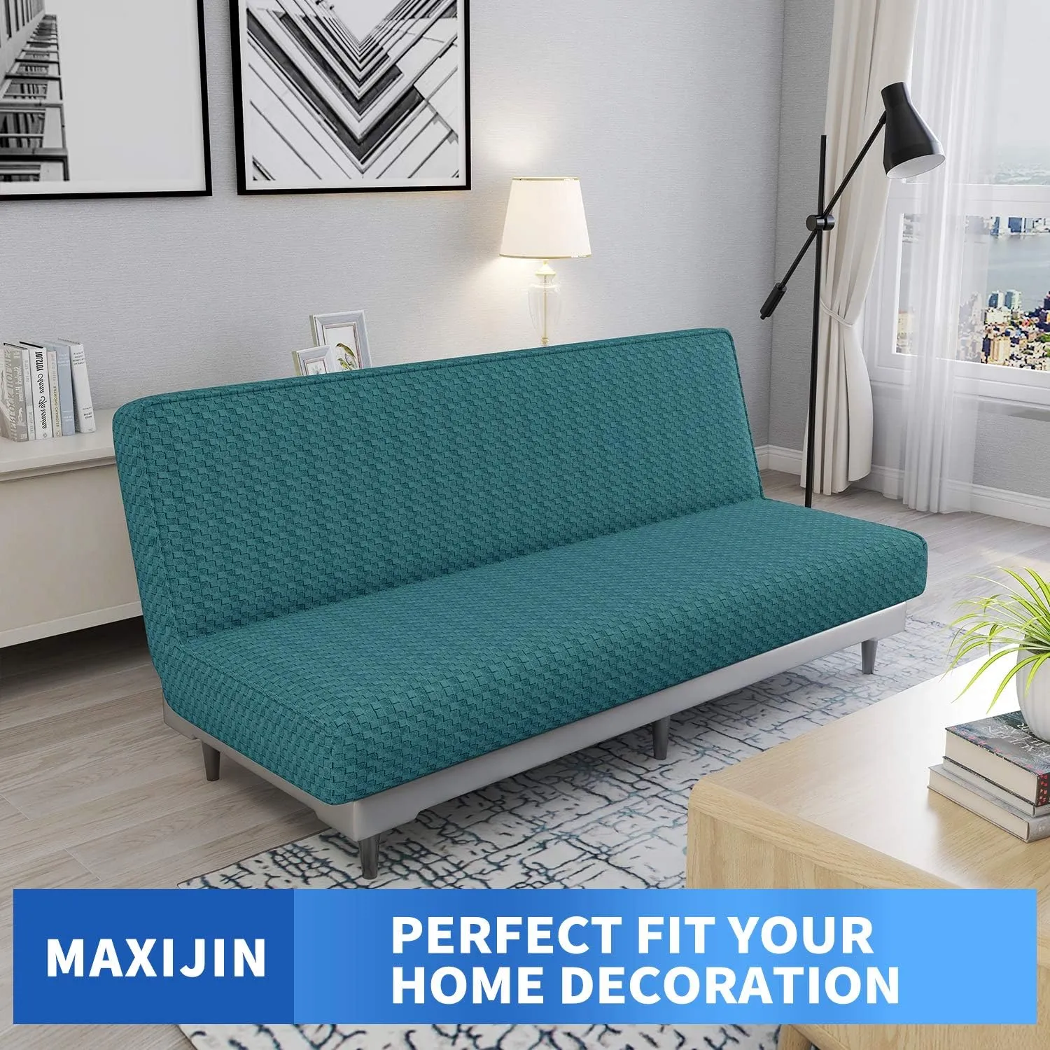 MAXIJIN Jacquard Futon Cover Stretch Armless Futon Sofa Cover Soft Futon Slipcover with Elastic Bottom Thick Sofa Bed Furniture Protector Covers, Machine Washable (Peacock Blue)