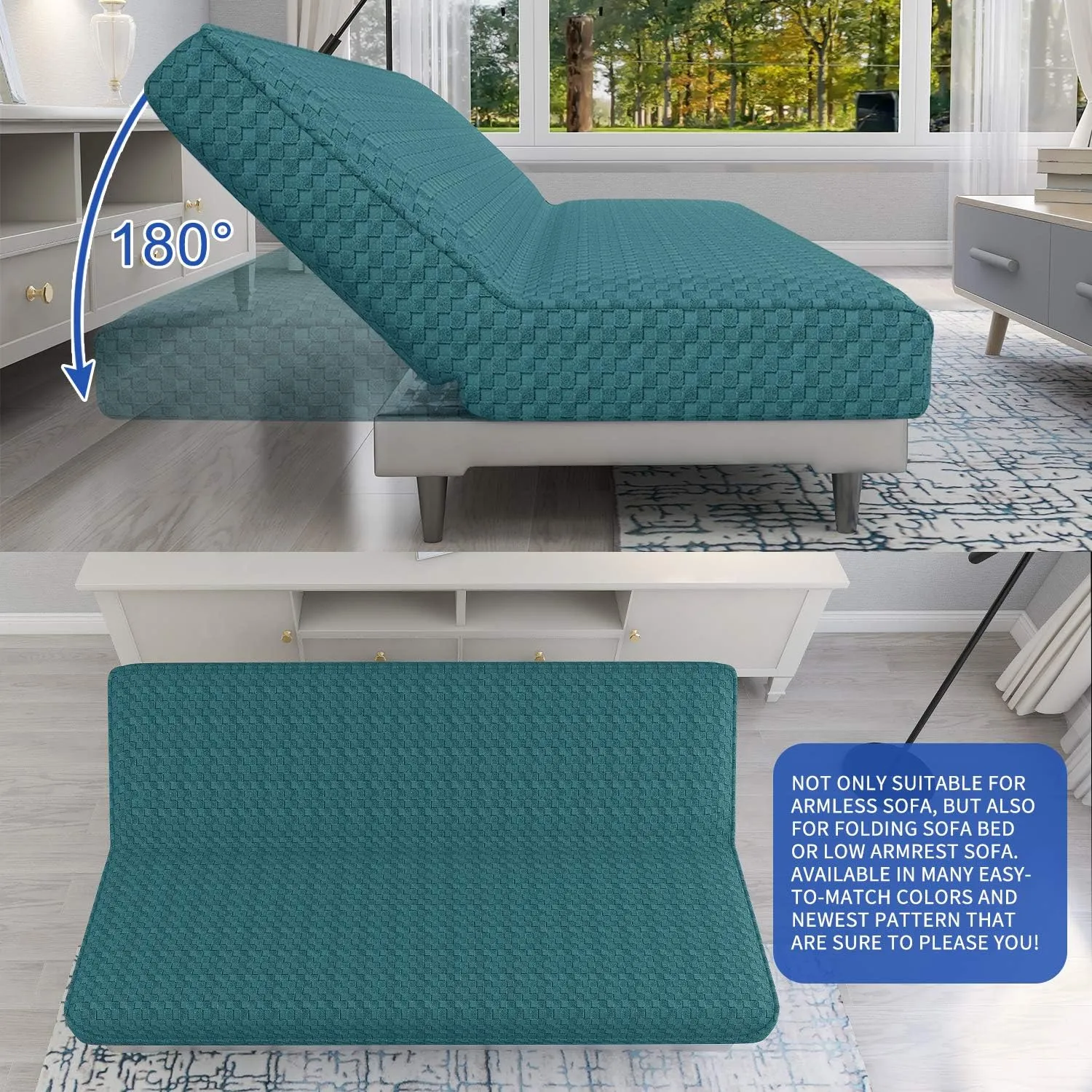 MAXIJIN Jacquard Futon Cover Stretch Armless Futon Sofa Cover Soft Futon Slipcover with Elastic Bottom Thick Sofa Bed Furniture Protector Covers, Machine Washable (Peacock Blue)