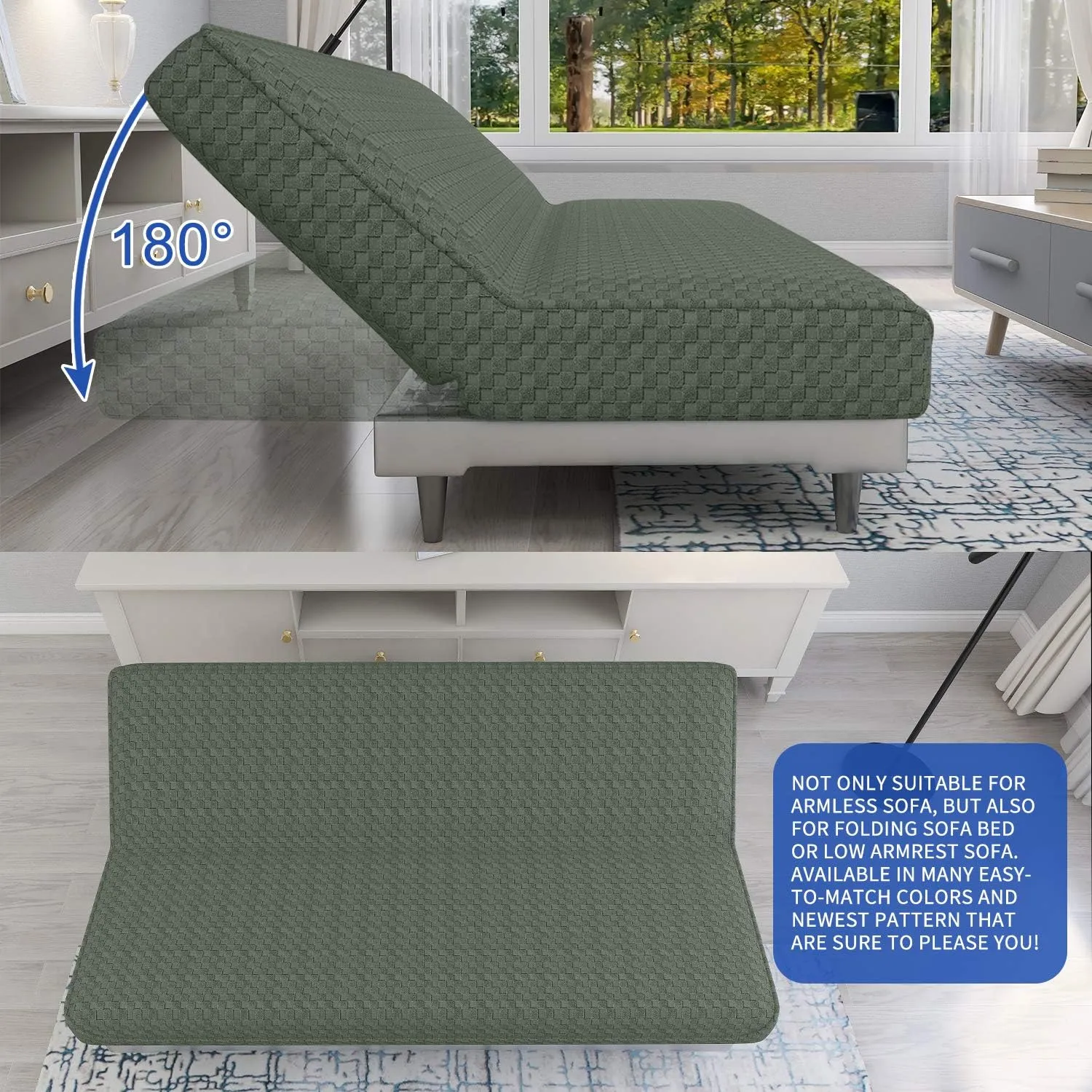 MAXIJIN Jacquard Futon Cover Stretch Armless Sofa Cover Soft Futon Slipcover with Elastic Bottom Thick Sofa Bed Furniture Protector Covers, Machine Washable (Army Green)