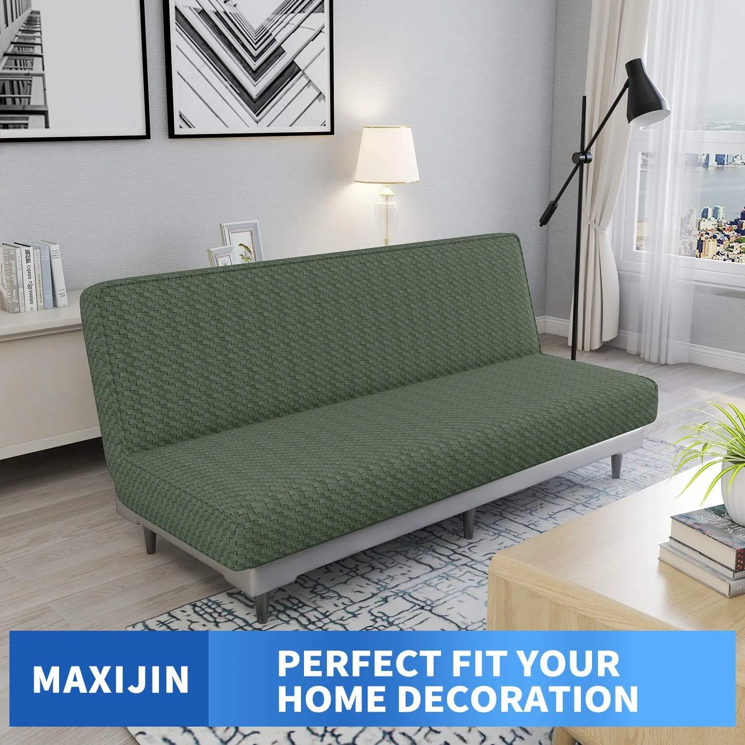 MAXIJIN Jacquard Futon Cover Stretch Armless Sofa Cover Soft Futon Slipcover with Elastic Bottom Thick Sofa Bed Furniture Protector Covers, Machine Washable (Army Green)