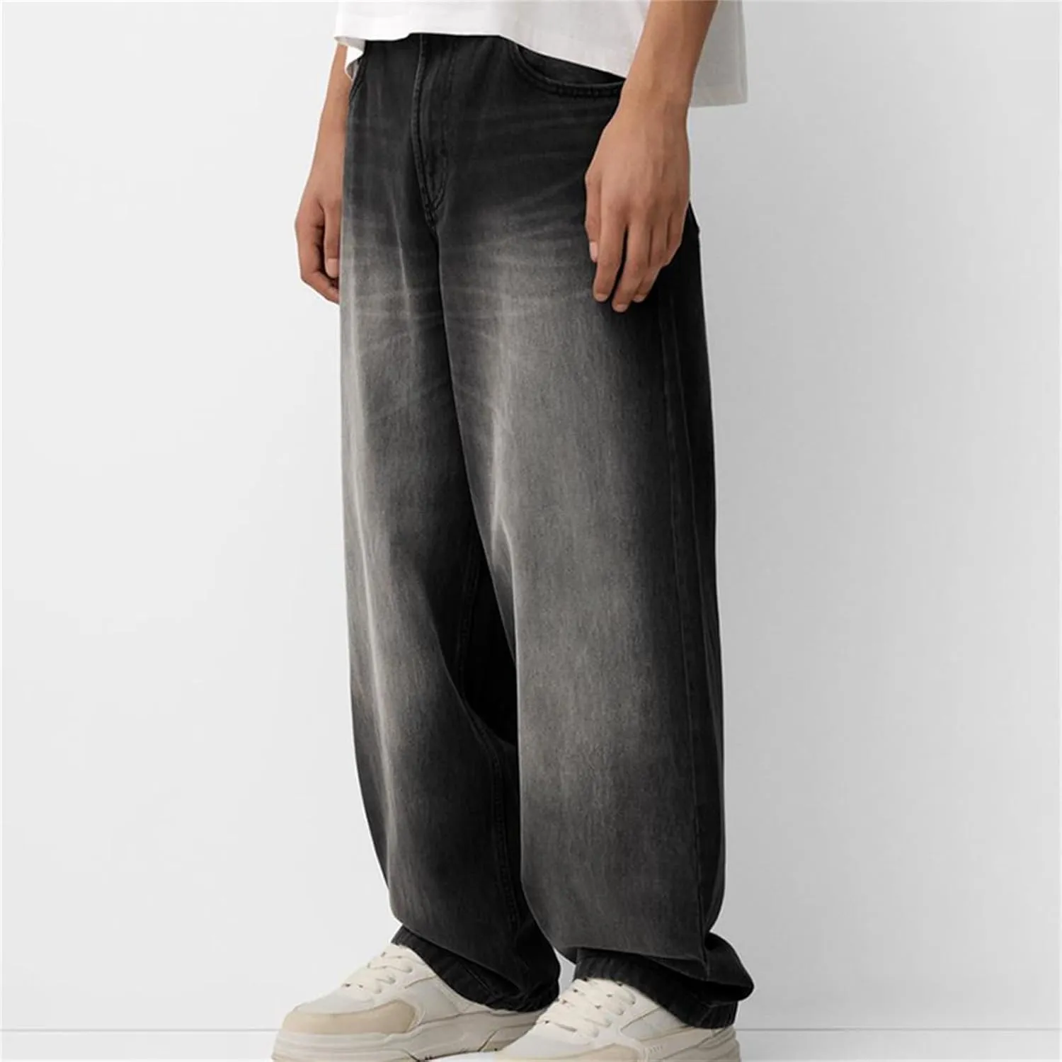 Men Grunge Jeans Mid Rise Baggy Wide Leg Hip Hop Skater Denim Pants Vintage Low Waist Loose Fit Trousers Streetwear
