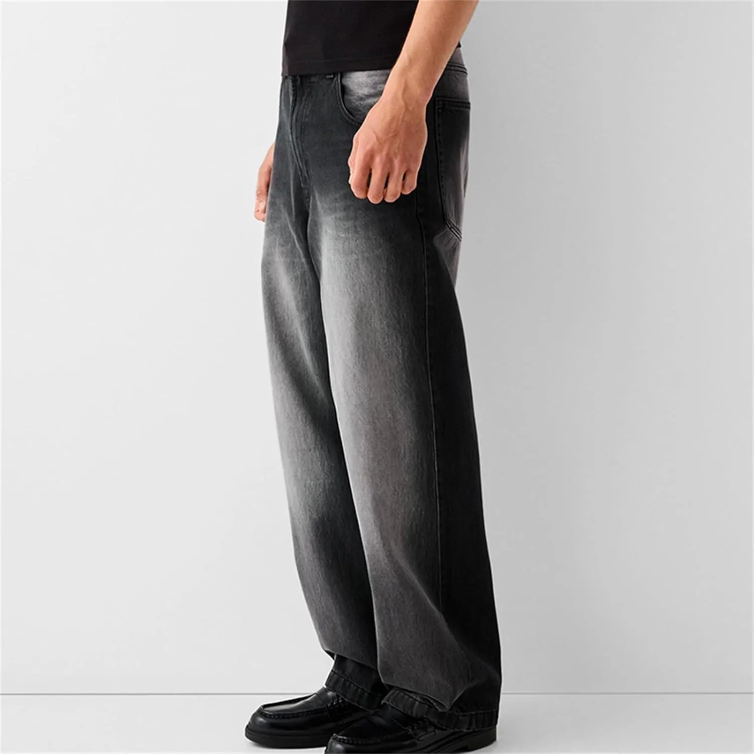 Men Grunge Jeans Mid Rise Baggy Wide Leg Hip Hop Skater Denim Pants Vintage Low Waist Loose Fit Trousers Streetwear