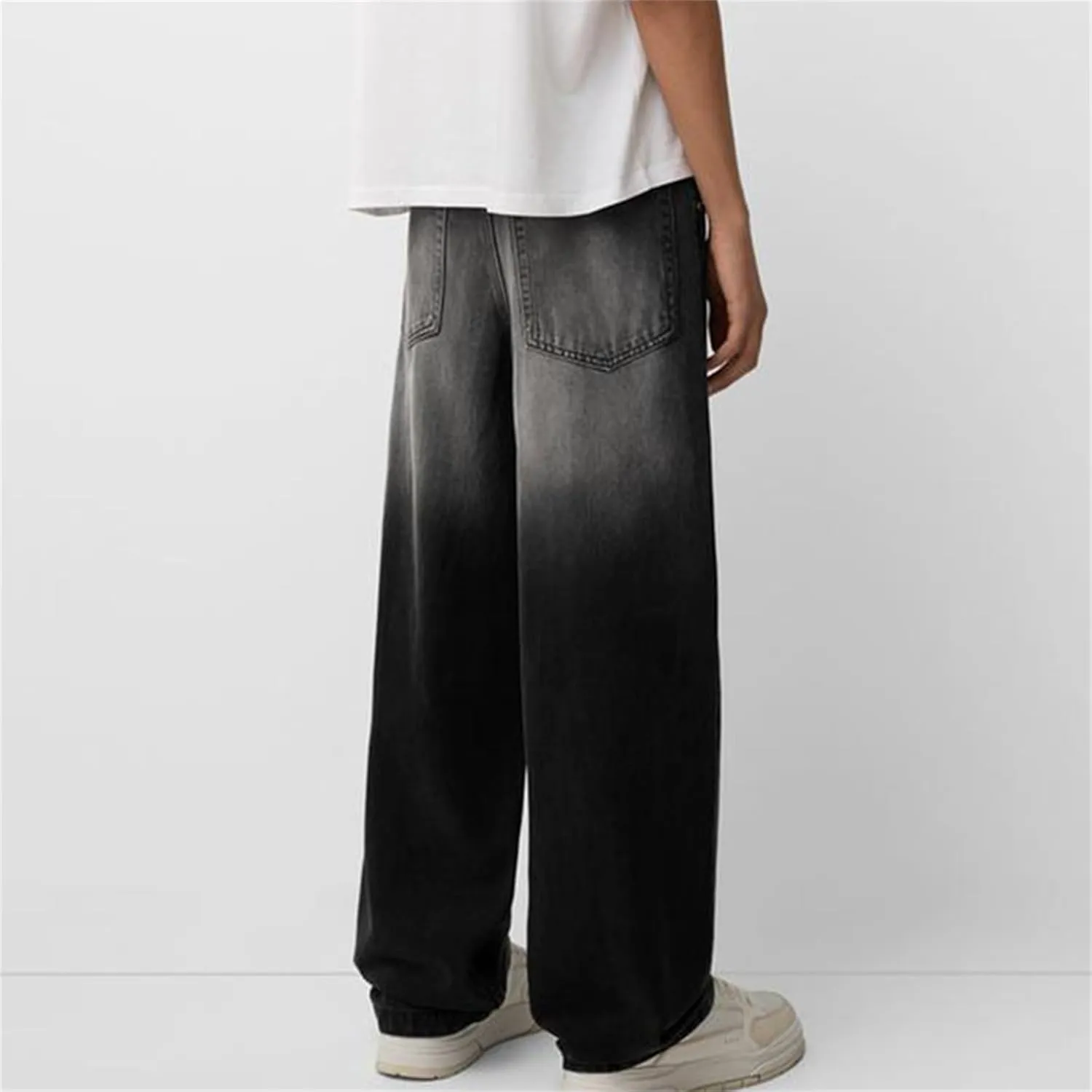 Men Grunge Jeans Mid Rise Baggy Wide Leg Hip Hop Skater Denim Pants Vintage Low Waist Loose Fit Trousers Streetwear