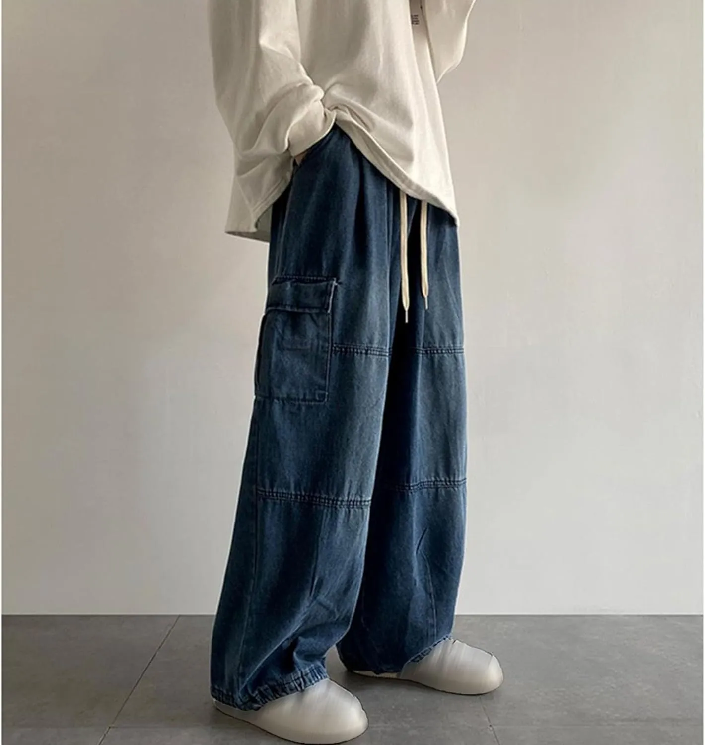 Men Vintage Baggy Jeans with Multiple Pockets Casual Hip Hop Straight Leg Jeans Fashion Cargo Distressed Loose Jean
